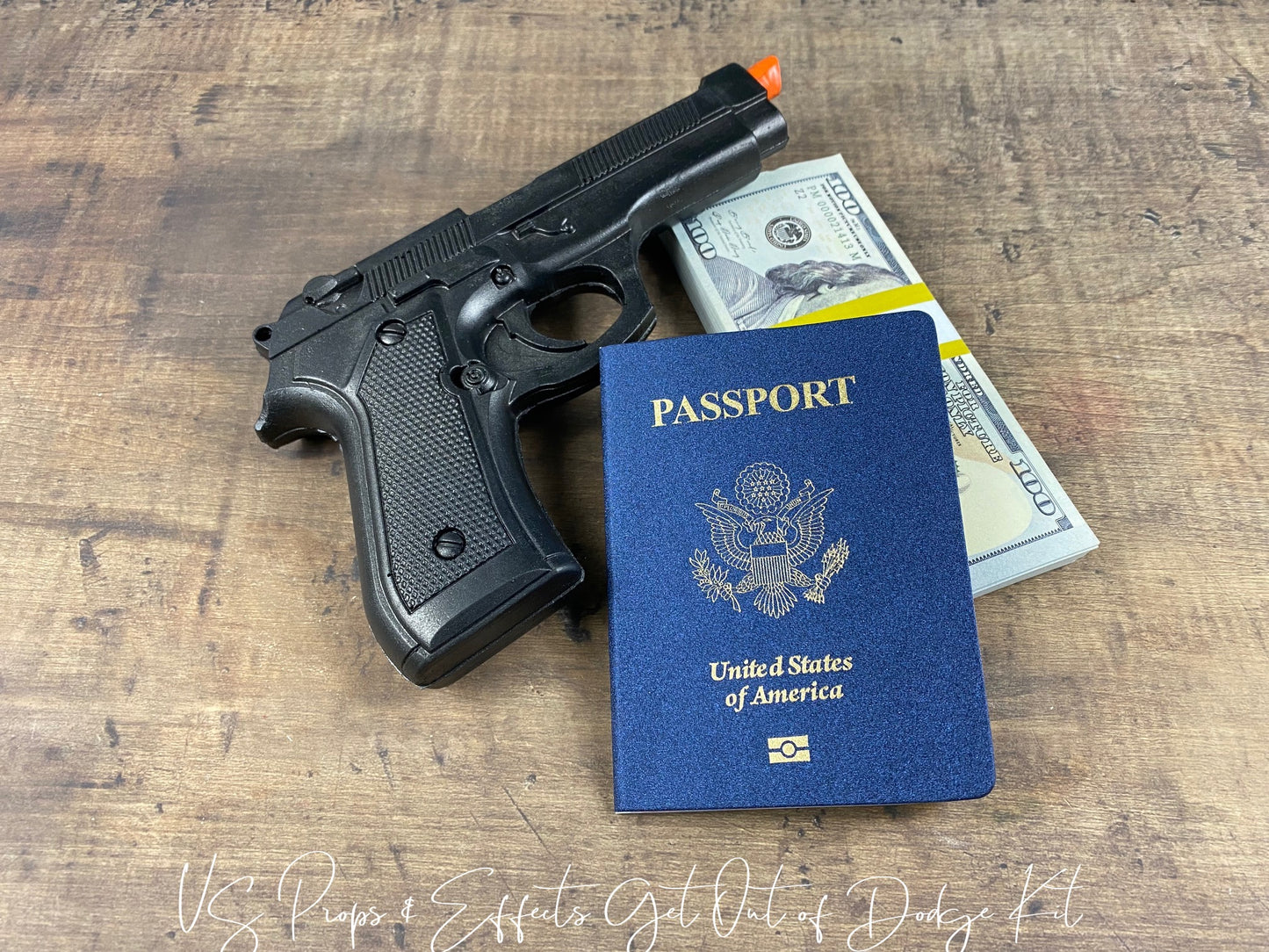 "Get Out of Dodge" Kit- Includes Solid Foam Rubber Gun, Stack of Prop Movie Money, and a US Props & Effects Prop Passport