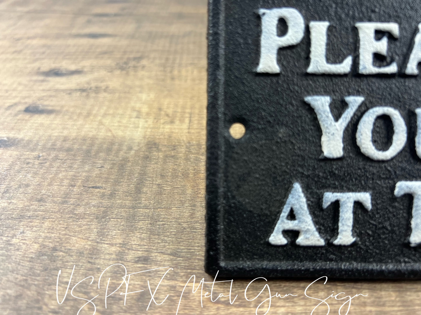 US's Prop Shop Vintage presents Vintage Metal Gun Sign, Please Check Your Guns at the Door, Police Prop, Court Prop