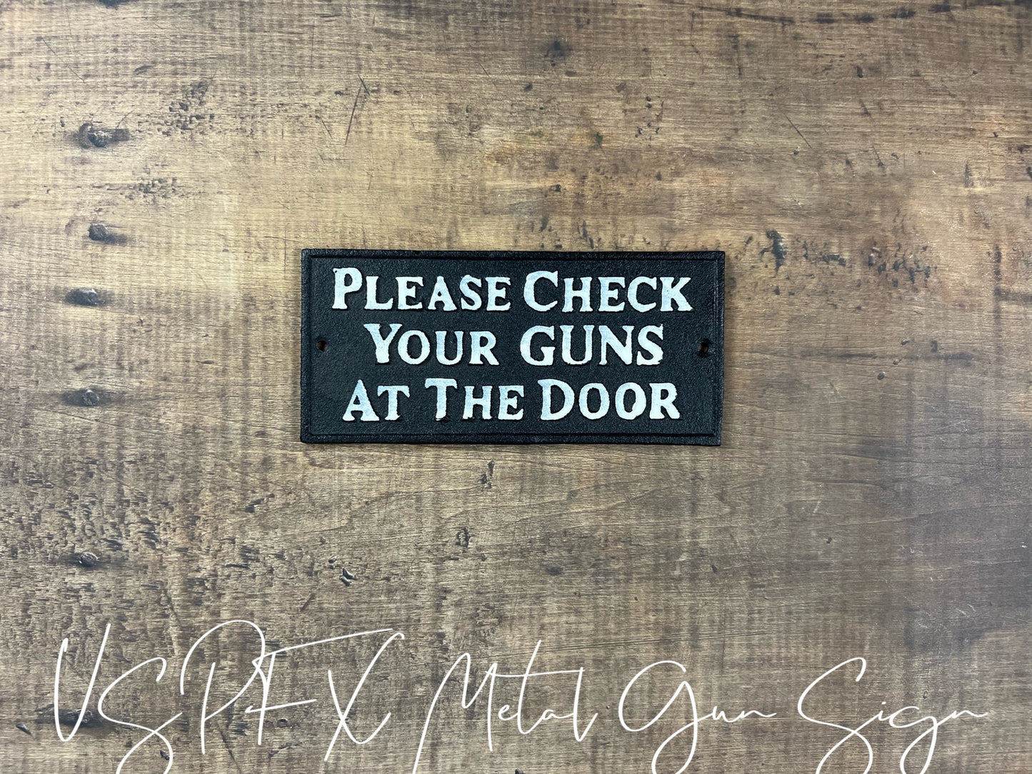 US's Prop Shop Vintage presents Vintage Metal Gun Sign, Please Check Your Guns at the Door, Police Prop, Court Prop