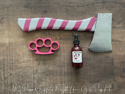 Fight Like a Girl Cosplay Kit- Includes Solid Foam Pink Knuckles, Foam Small Candy Axe, and US Props & Effects Prop Blood
