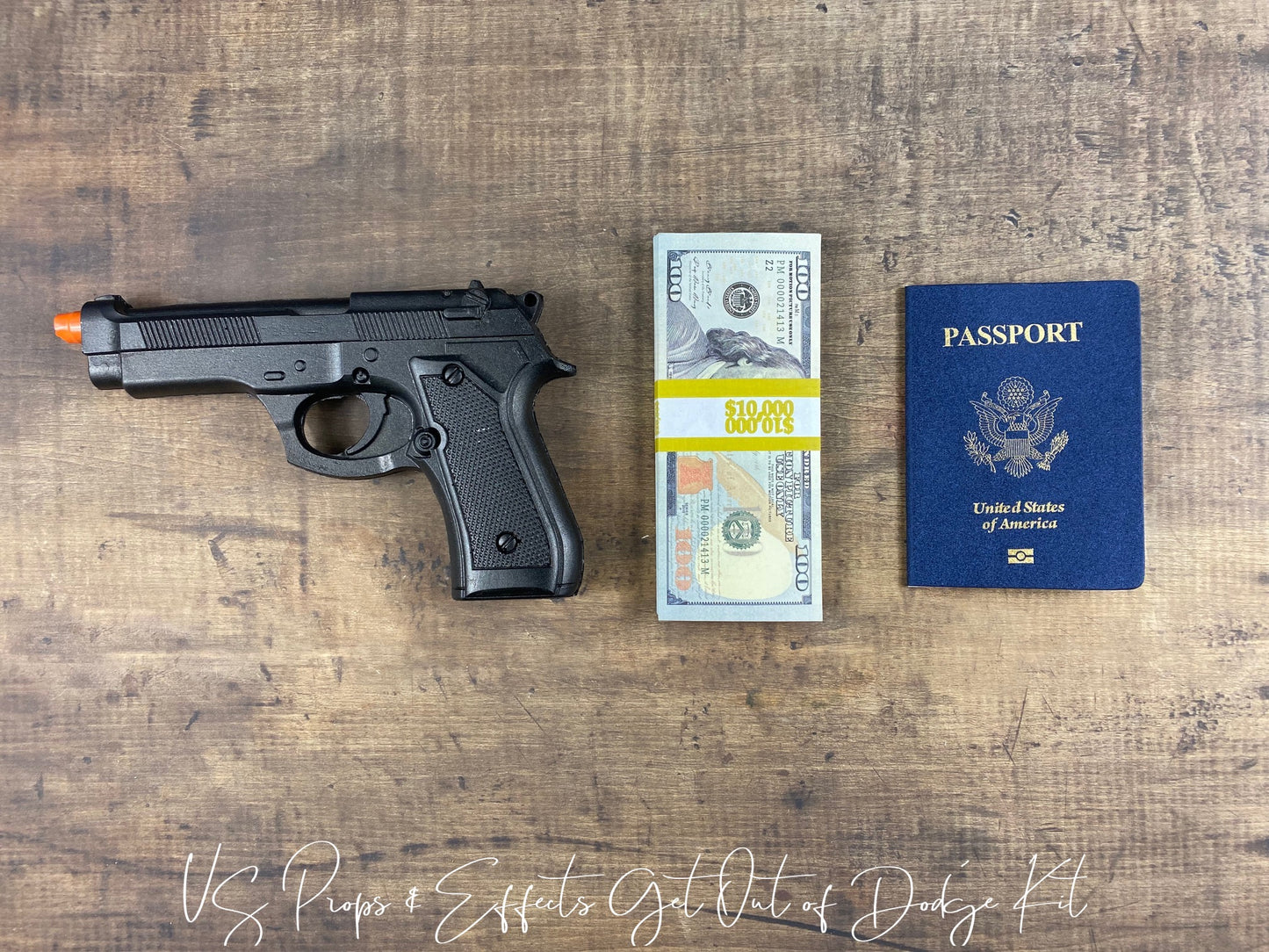 "Get Out of Dodge" Kit- Includes Solid Foam Rubber Gun, Stack of Prop Movie Money, and a US Props & Effects Prop Passport