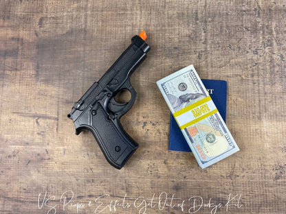 "Get Out of Dodge" Kit- Includes Solid Foam Rubber Gun, Stack of Prop Movie Money, and a US Props & Effects Prop Passport