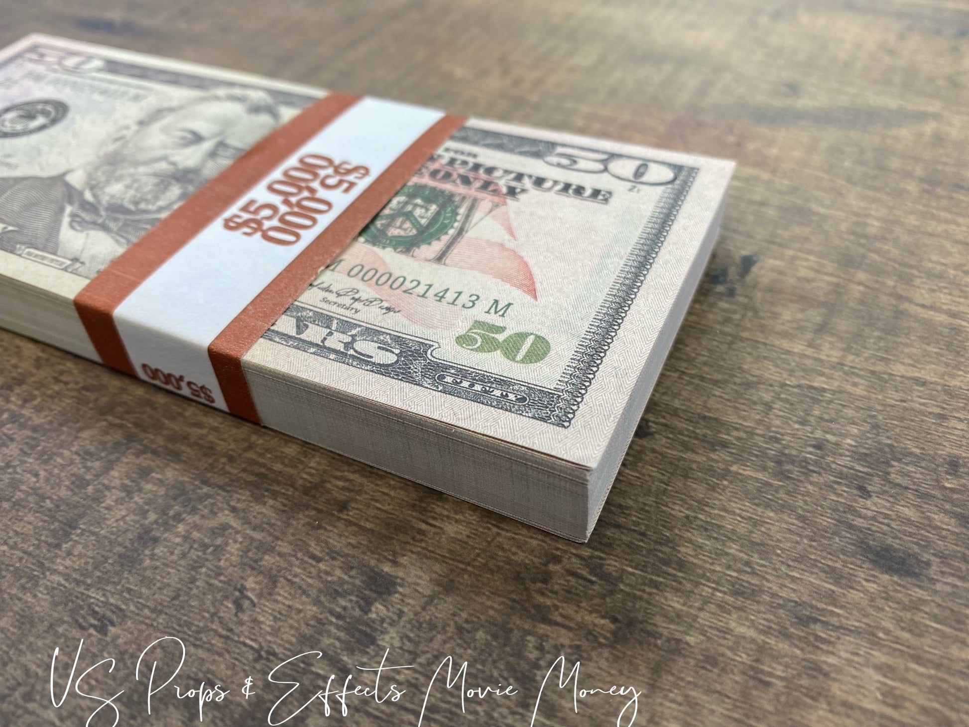 New Series $50's Aged $5,000 Full Print Prop Money Stack