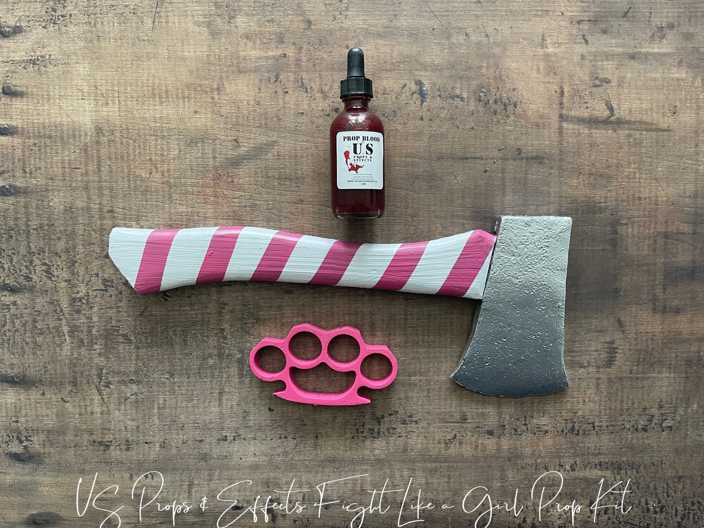 Fight Like a Girl Cosplay Kit- Includes Solid Foam Pink Knuckles, Foam Small Candy Axe, and US Props & Effects Prop Blood